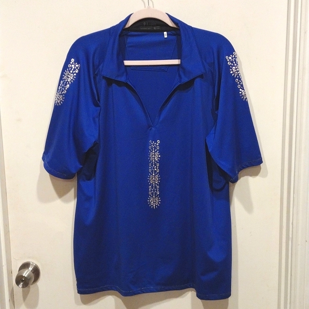 Nancy Lopez Ladies Attract Royal Blue Embellished Half Sleeve Golf Polo Sz 1X